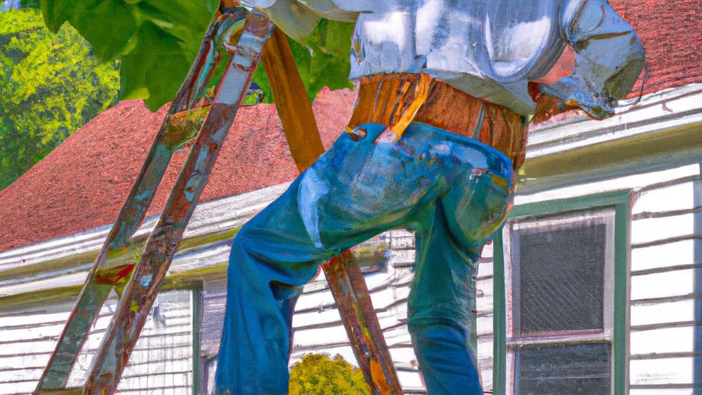 Man climbing ladder on Huntingdon Valley, Pennsylvania home to replace roof