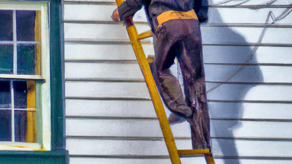 Man climbing ladder on Iola, Wisconsin home to replace roof