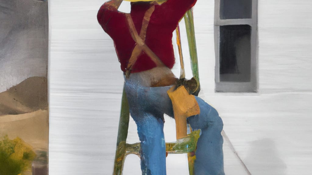 Man climbing ladder on Lake Isabella, California home to replace roof