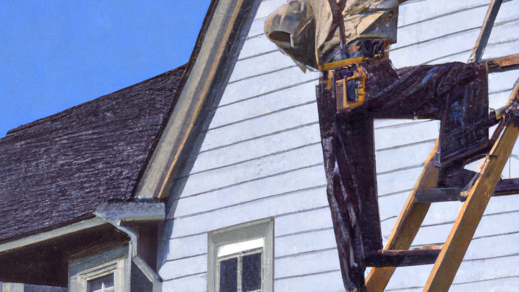 Man climbing ladder on Liberty Township, Ohio home to replace roof