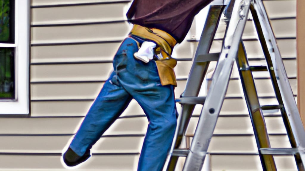 Man climbing ladder on Lino Lakes, Minnesota home to replace roof