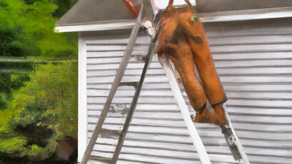 Man climbing ladder on Loch Sheldrake, New York home to replace roof