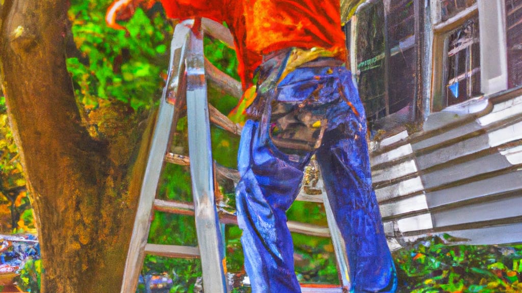 Man climbing ladder on Locust Valley, New York home to replace roof