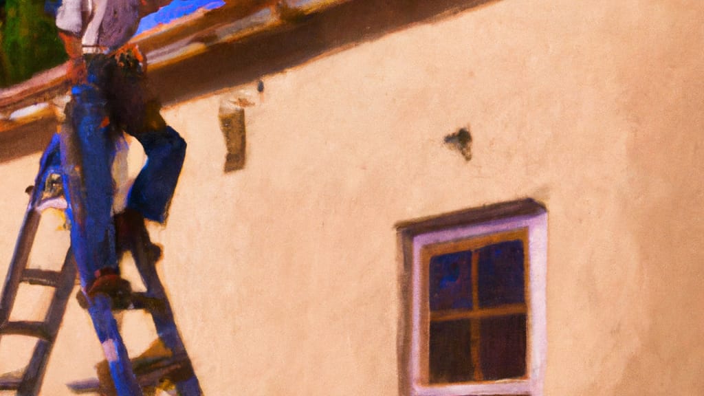 Man climbing ladder on Los Ranchos, New Mexico home to replace roof