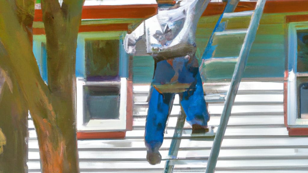 Man climbing ladder on Machesney Pk, Illinois home to replace roof