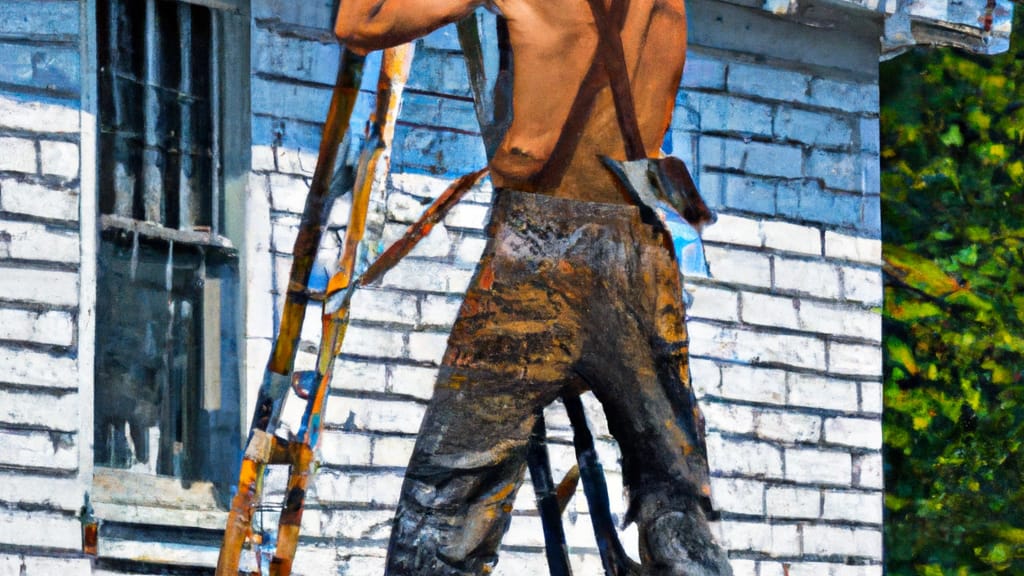 Man climbing ladder on McHenry, Illinois home to replace roof