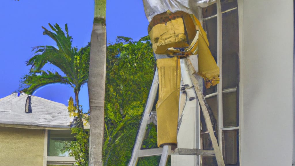 Man climbing ladder on Miami Lakes, Florida home to replace roof