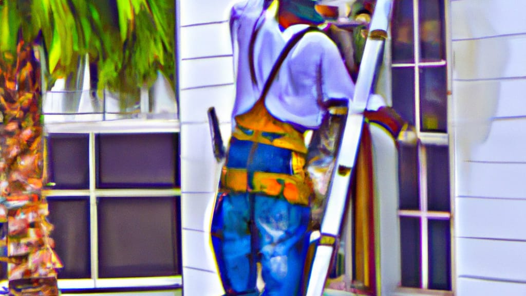 Man climbing ladder on Miami Shores, Florida home to replace roof