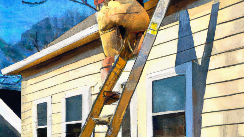 Man climbing ladder on Mohegan Lake, New York home to replace roof