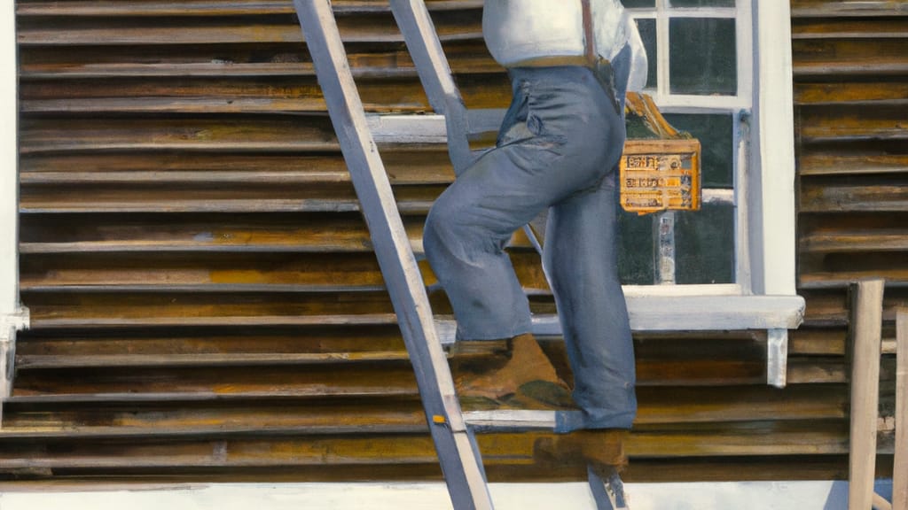 Man climbing ladder on Montgomery, New York home to replace roof