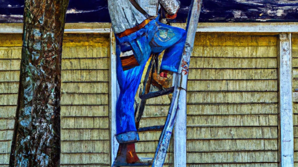 Man climbing ladder on Moore, South Carolina home to replace roof