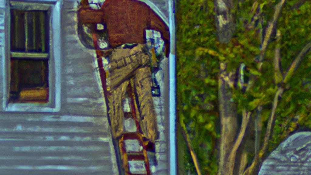 Man climbing ladder on Moyock, North Carolina home to replace roof
