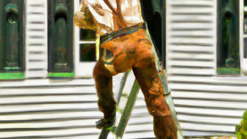 Man climbing ladder on Neshanic Station, New Jersey home to replace roof