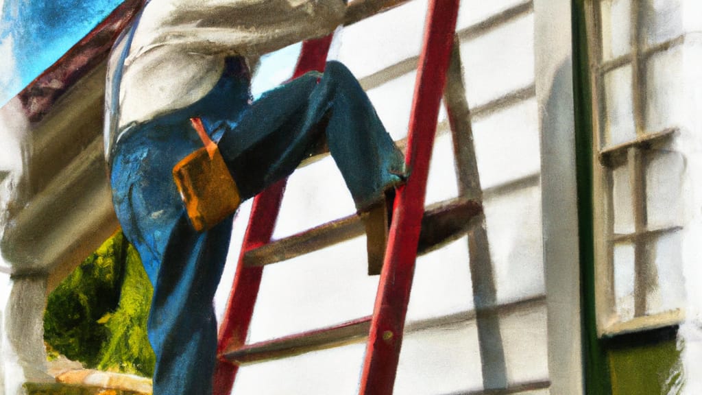 Man climbing ladder on New Baden, Illinois home to replace roof