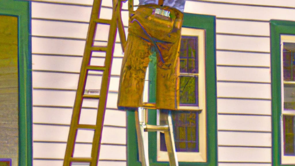 Man climbing ladder on New Glarus, Wisconsin home to replace roof