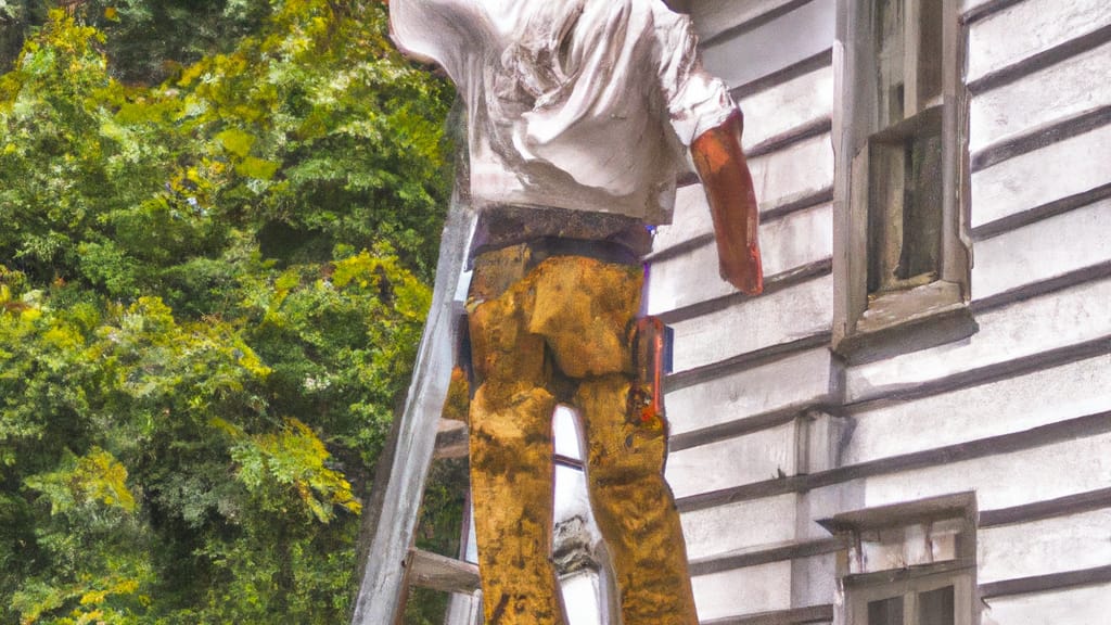 Man climbing ladder on New Milford, New York home to replace roof