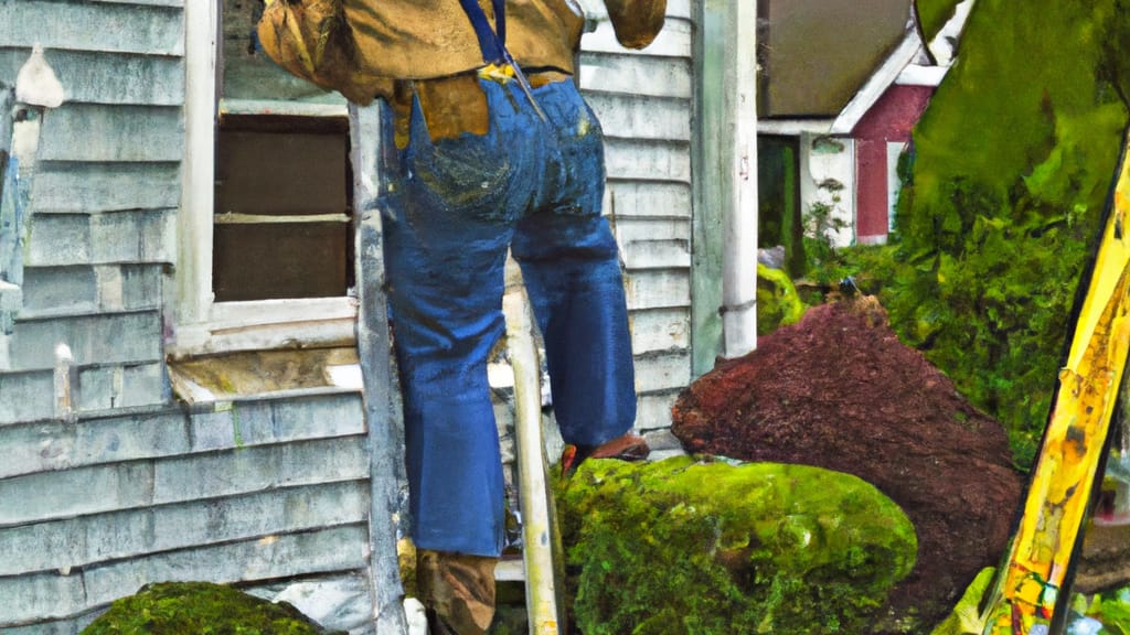 Man climbing ladder on Oakdale, Pennsylvania home to replace roof