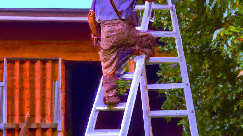Man climbing ladder on Otis Orchards, Washington home to replace roof