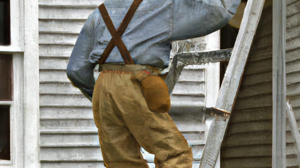 Man climbing ladder on Panama, New York home to replace roof