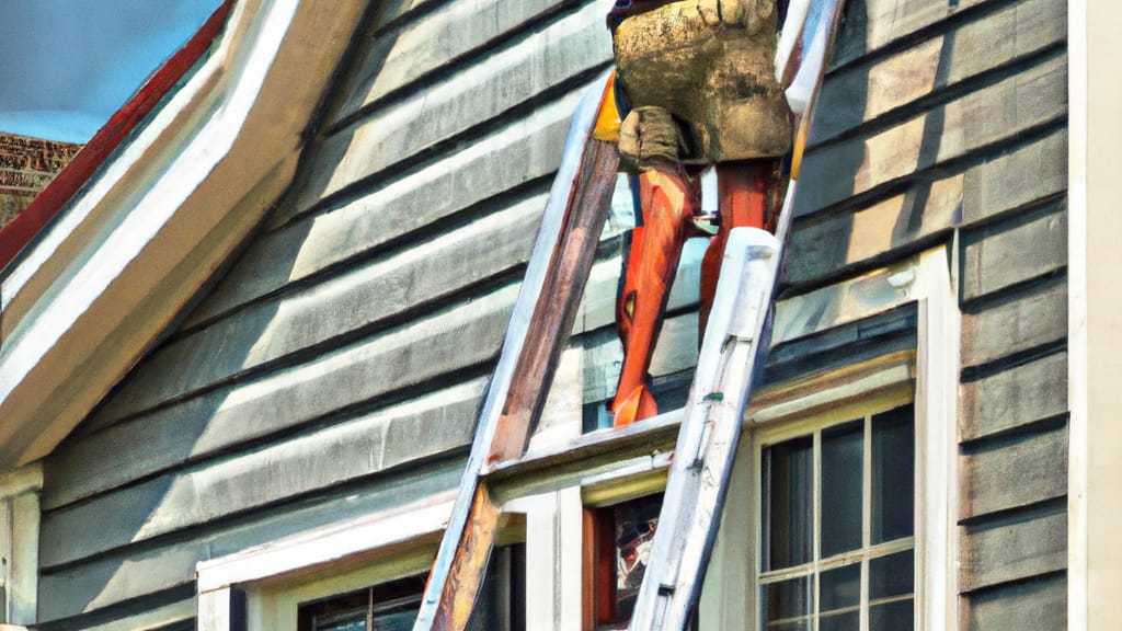 Man climbing ladder on Rehoboth Beach, Delaware home to replace roof