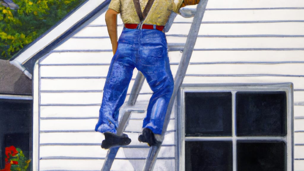 Man climbing ladder on Roseville, Minnesota home to replace roof