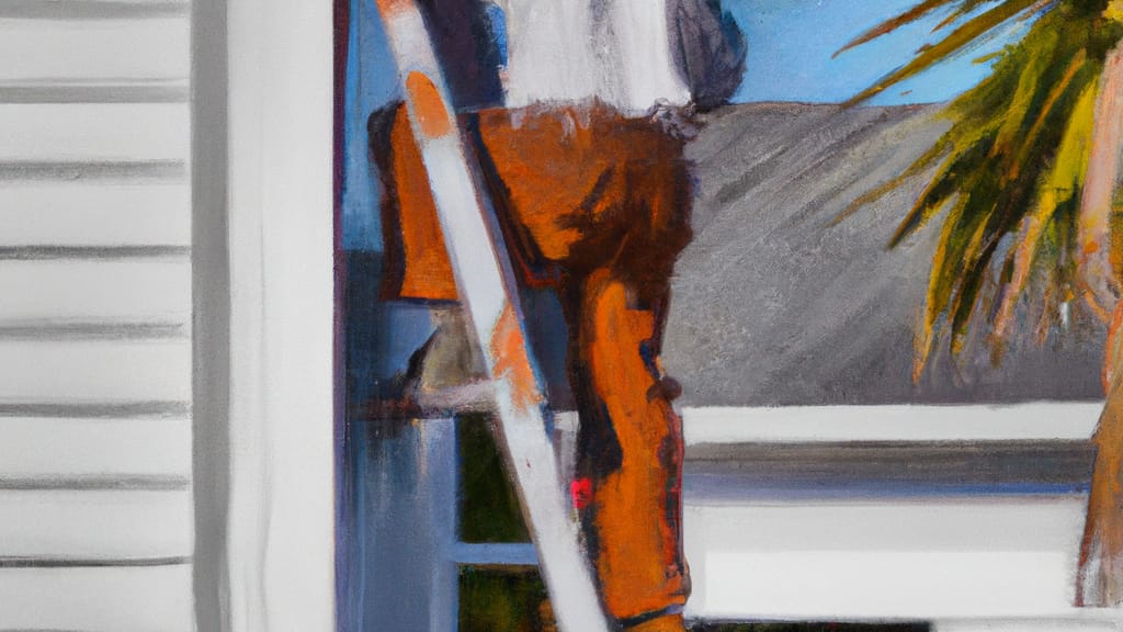 Man climbing ladder on Rotonda West, Florida home to replace roof