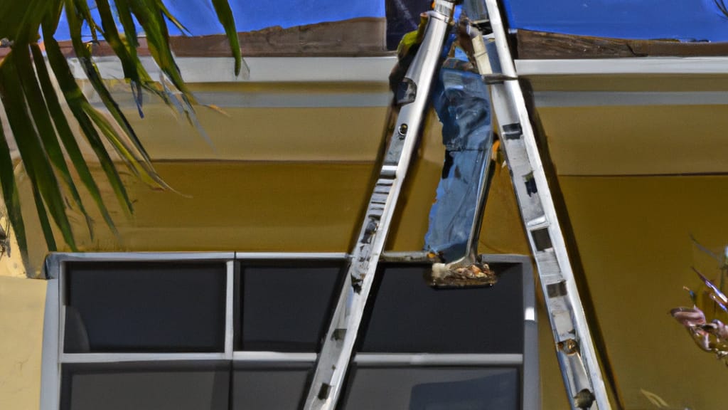 Man climbing ladder on Royal Palm Beach, Florida home to replace roof