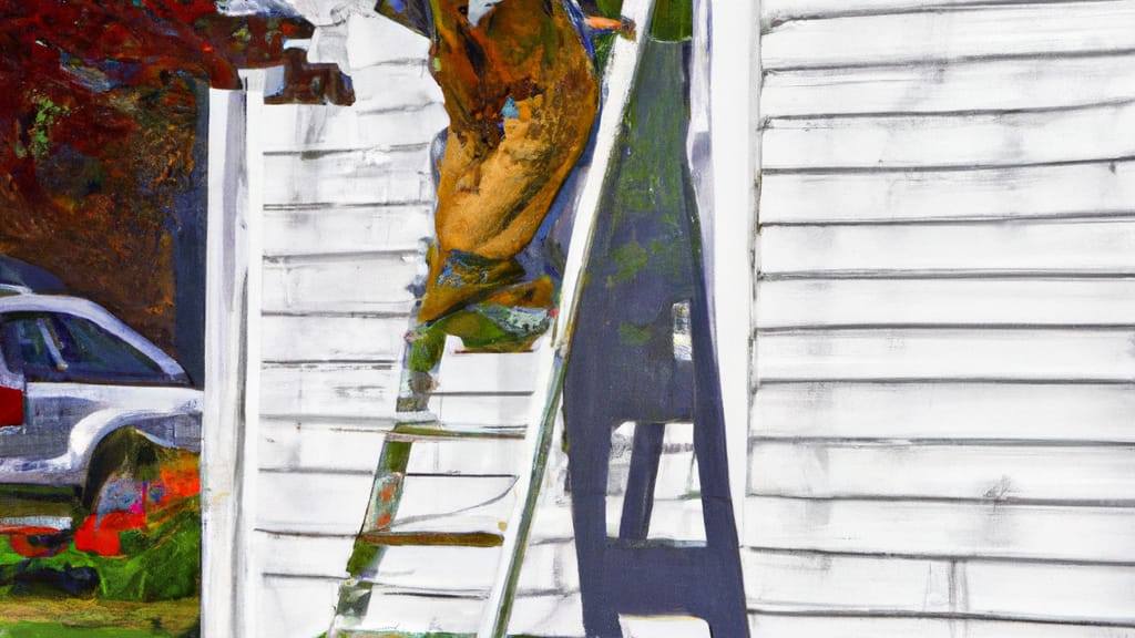 Man climbing ladder on Shelby Township, Michigan home to replace roof