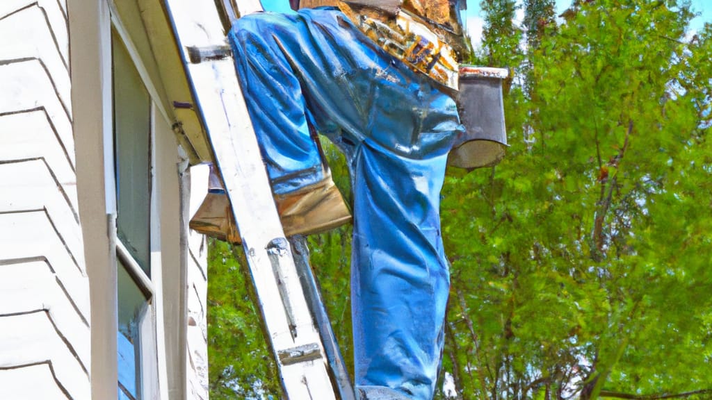 Man climbing ladder on Sherwood, Wisconsin home to replace roof