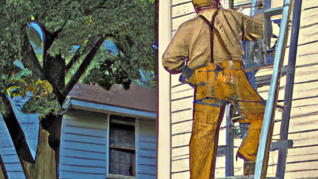 Man climbing ladder on Shillington, Pennsylvania home to replace roof