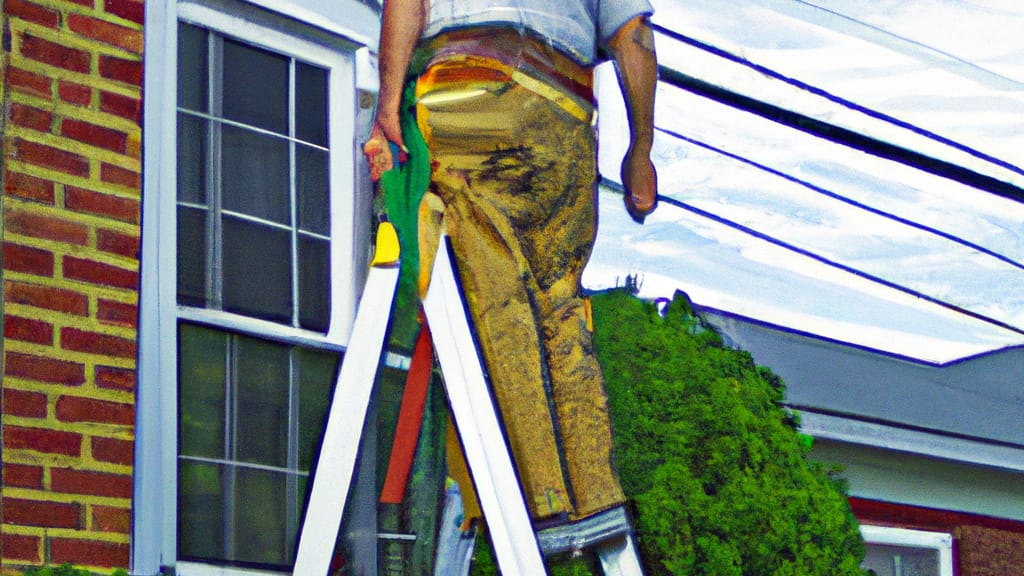 Man climbing ladder on Sidney, Illinois home to replace roof