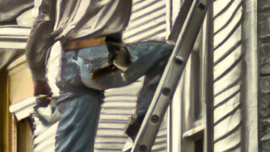 Man climbing ladder on Spencerville, Indiana home to replace roof