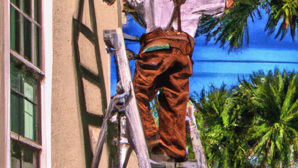 Man climbing ladder on St Augustine, Florida home to replace roof