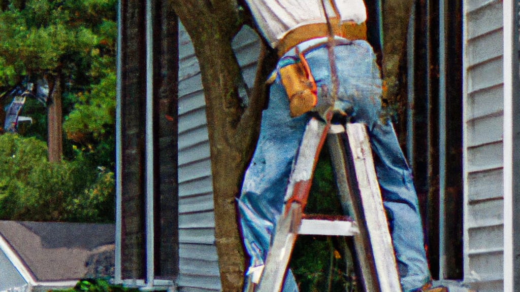 Man climbing ladder on St Simons Island, Georgia home to replace roof