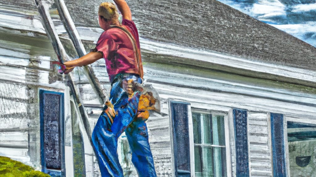 Man climbing ladder on Stirling, New Jersey home to replace roof