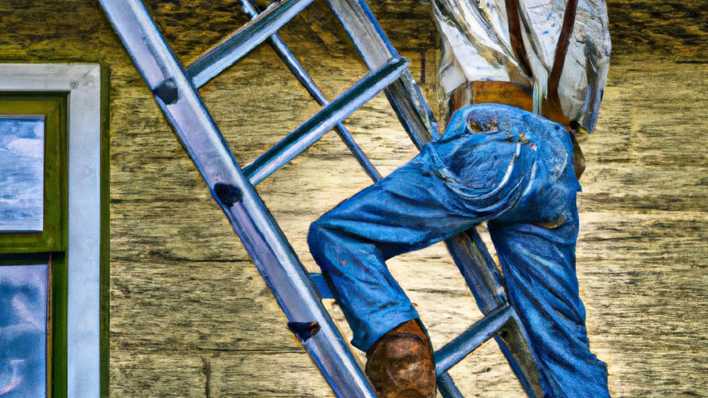 Man climbing ladder on Story City, Iowa home to replace roof