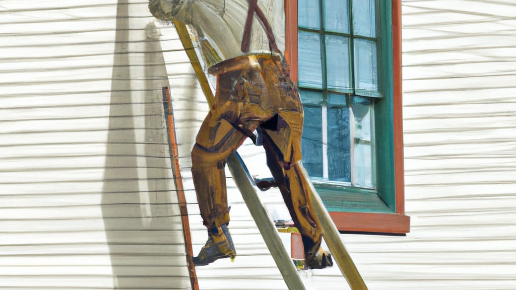 Man climbing ladder on Tigerton, Wisconsin home to replace roof