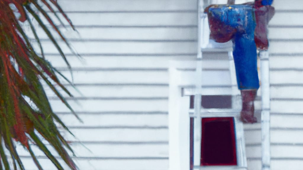 Man climbing ladder on Treasure Island, Florida home to replace roof