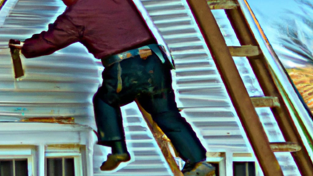 Man climbing ladder on Van Meter, Iowa home to replace roof