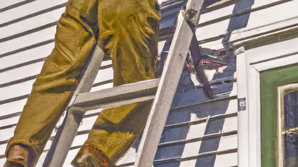 Man climbing ladder on Verplanck, New York home to replace roof