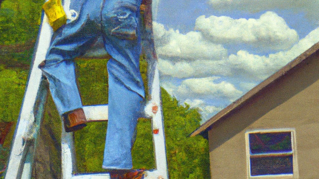 Man climbing ladder on Warr Acres, Oklahoma home to replace roof