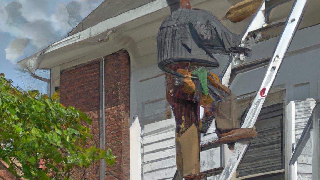 Man climbing ladder on Warrensville Heights, Ohio home to replace roof
