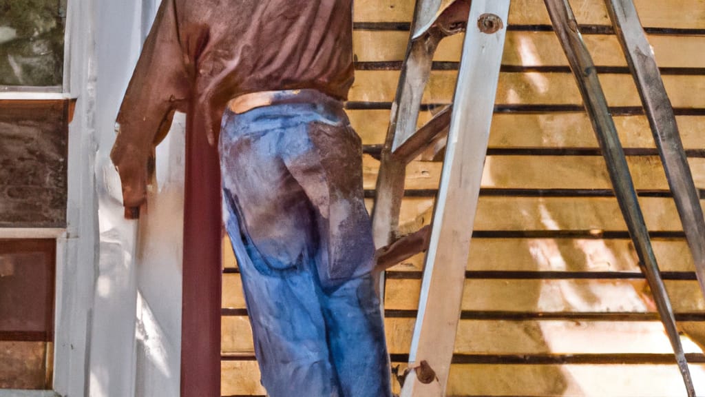 Man climbing ladder on Westborough, Massachusetts home to replace roof