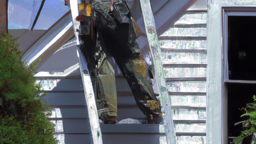 Man climbing ladder on Wolfeboro, New Hampshire home to replace roof