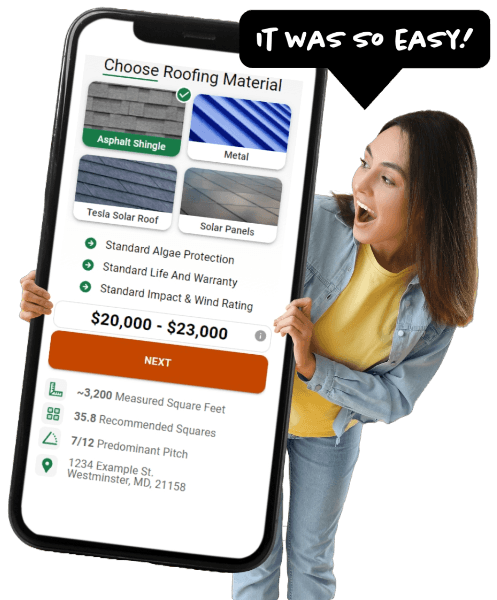 Woman holding phone with roofing calculator