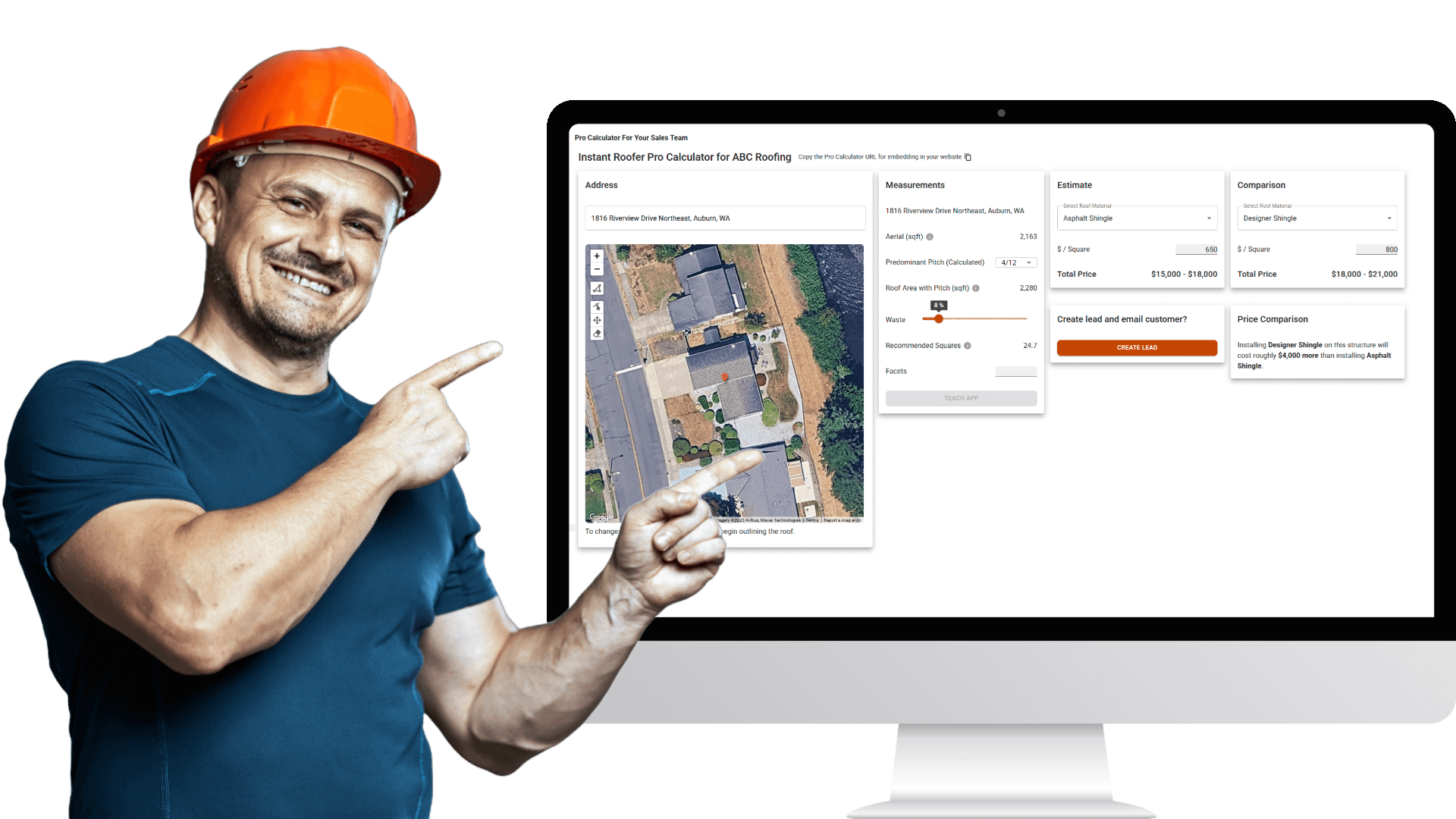 Construction male pointing to computer featuring Instant Roofer Pro Calculator For Roofing Professionals