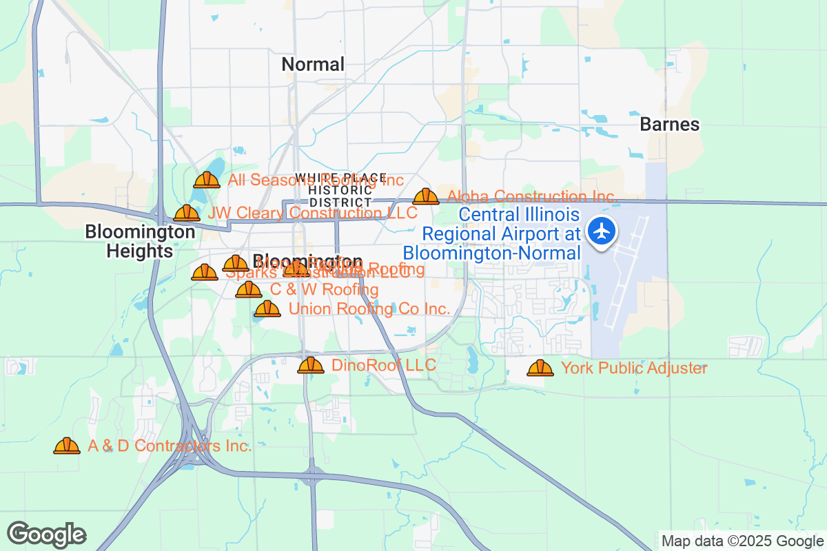 Map of Roofing Contractors in Bloomington, Illinois