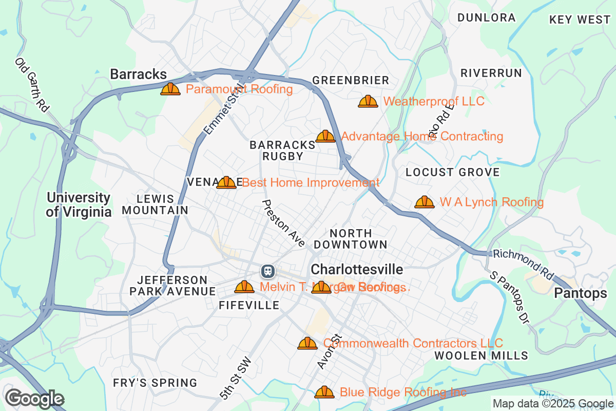 Map of Roofing Contractors in Charlottesville, Virginia