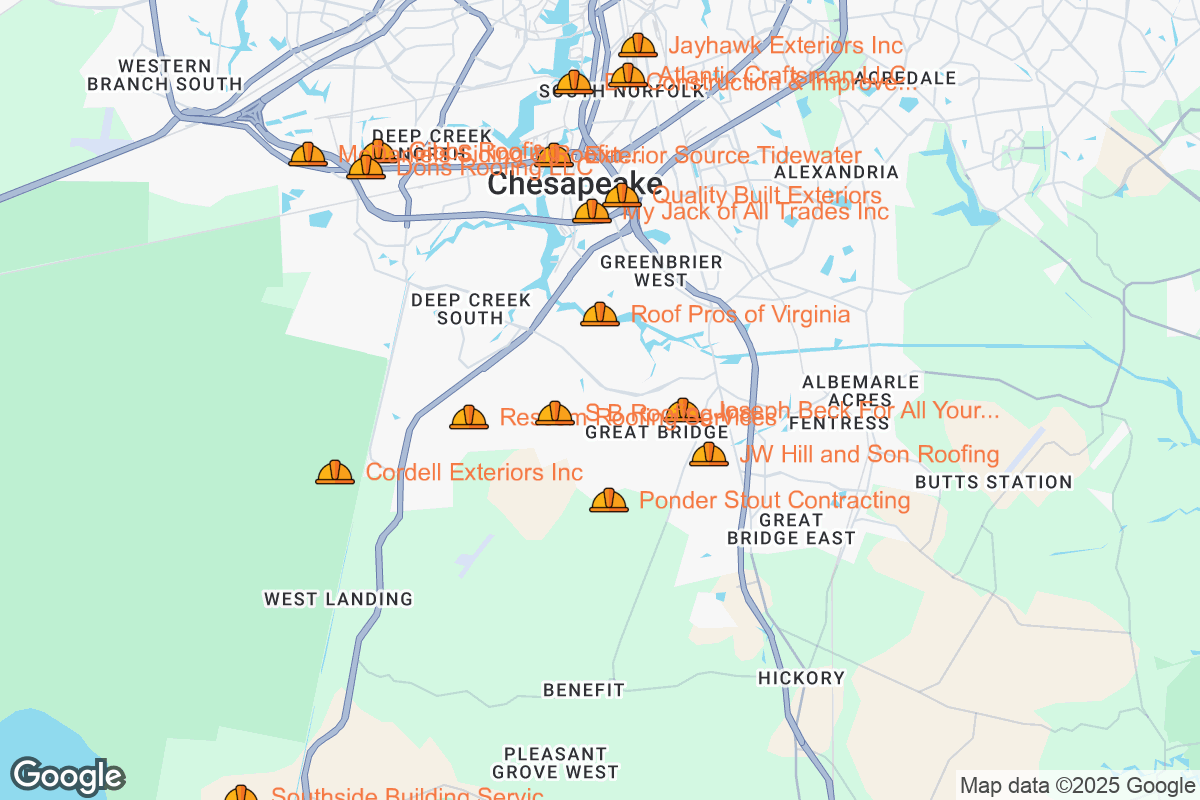 Map of Roofing Contractors in Chesapeake, Virginia