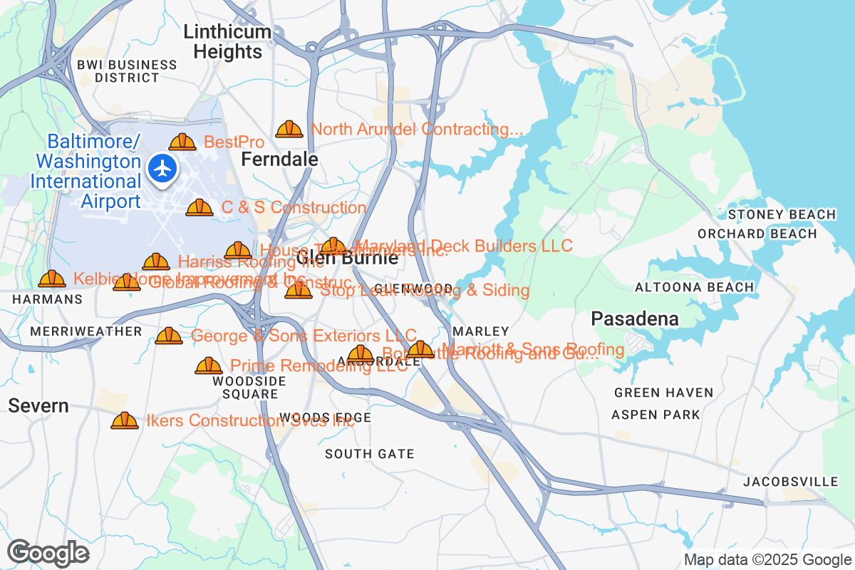 Map of Roofing Contractors in Glen Burnie, Maryland